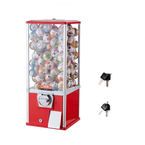Gumball Machine for Kids, 25" Height Home Vending Machine, PS Bouncy Balls Dispenser, Hold 230 Capsule Toys, Rectangle Bubble Gum Machine for Game Stores, Coin Operated Gumball Bank, Red