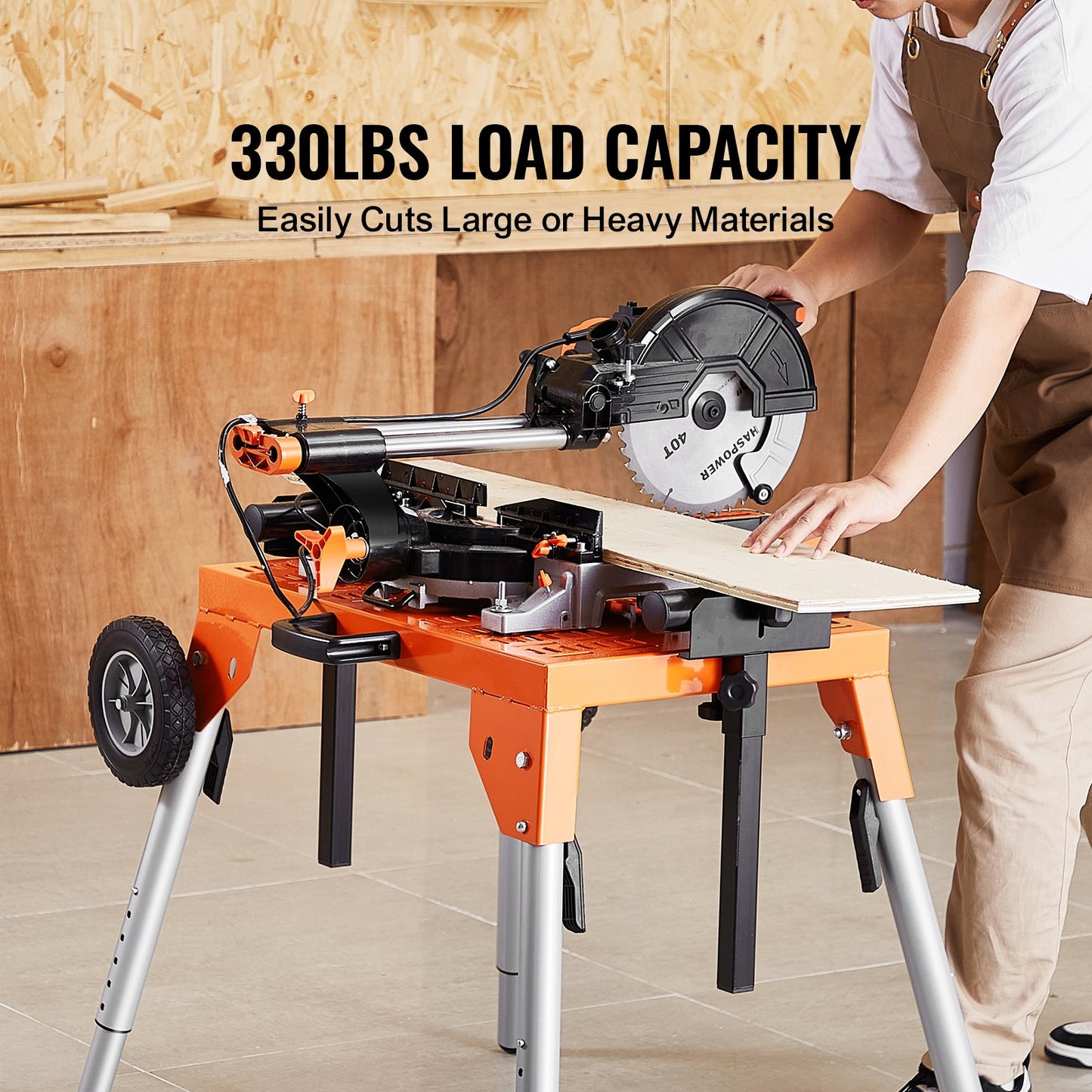 Miter saw stand with table top and wheels 330lbs load capacity adjustable