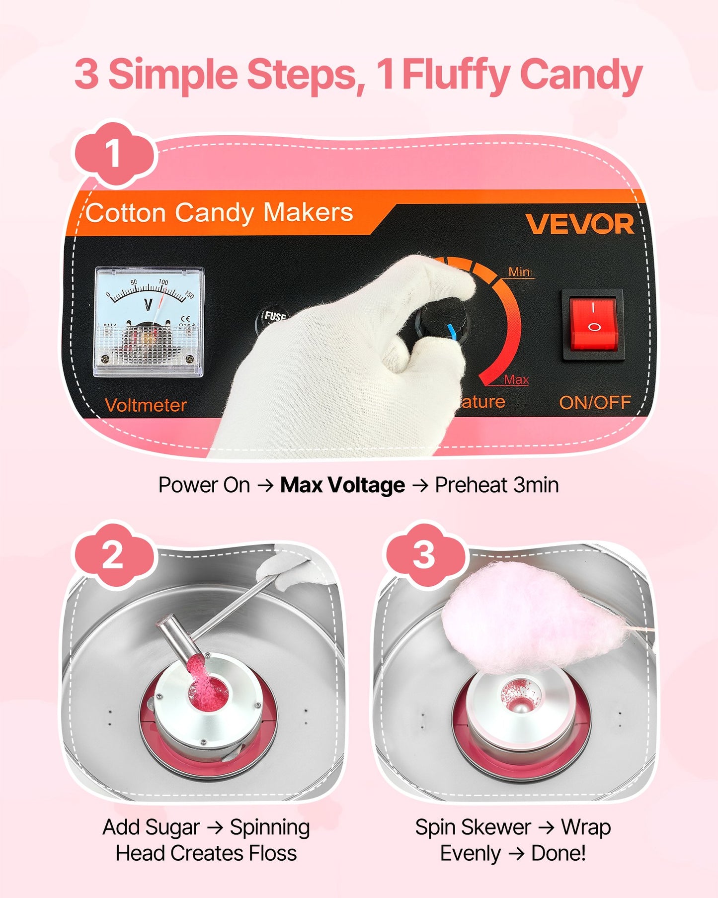 Cotton Candy Machine Commercial, 1000W Electric Candy Floss Maker, Easy Use with 15 inch Stainless Steel Bowl and Sugar Scoop, Makes Hard Candy for Home Kids Birthday, Family Party, Pink