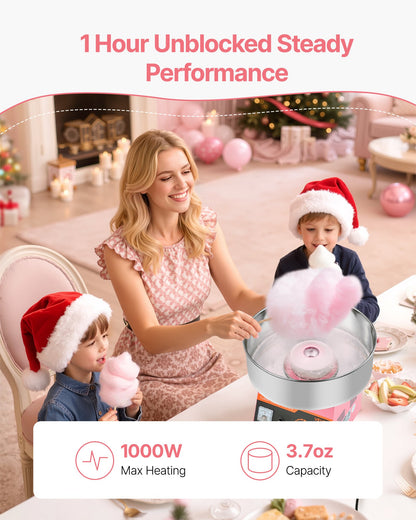Cotton Candy Machine Commercial, 1000W Electric Candy Floss Maker, Easy Use with 15 inch Stainless Steel Bowl and Sugar Scoop, Makes Hard Candy for Home Kids Birthday, Family Party, Pink