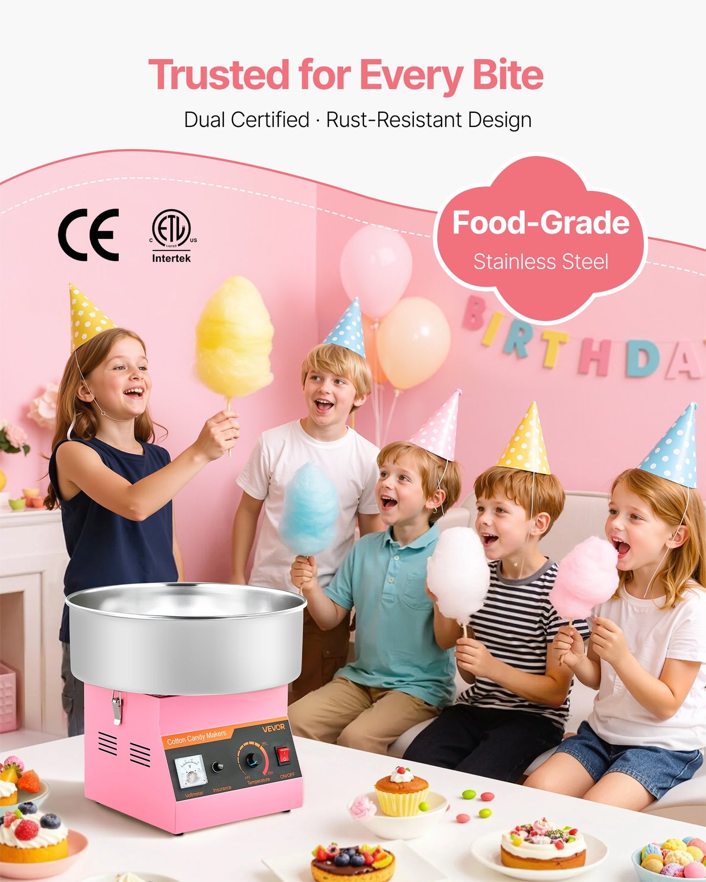 Cotton Candy Machine Commercial, 1000W Electric Candy Floss Maker, Easy Use with 15 inch Stainless Steel Bowl and Sugar Scoop, Makes Hard Candy for Home Kids Birthday, Family Party, Pink