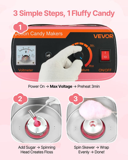 Cotton Candy Machine Commercial, 1000W Electric Candy Floss Maker, Easy Use with 15 inch Stainless Steel Bowl and Sugar Scoop, Makes Hard Candy for Home Kids Birthday, Family Party, Pink