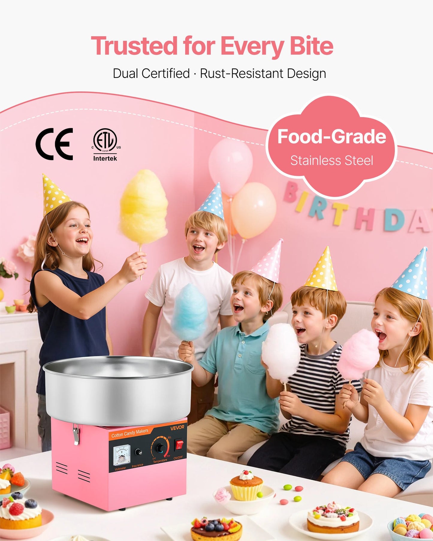 Cotton Candy Machine Commercial, 1000W Electric Candy Floss Maker, Easy Use with 15 inch Stainless Steel Bowl and Sugar Scoop, Makes Hard Candy for Home Kids Birthday, Family Party, Pink