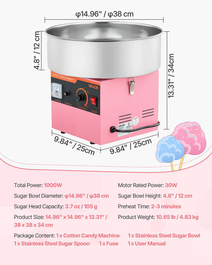 Cotton Candy Machine Commercial, 1000W Electric Candy Floss Maker, Easy Use with 15 inch Stainless Steel Bowl and Sugar Scoop, Makes Hard Candy for Home Kids Birthday, Family Party, Pink
