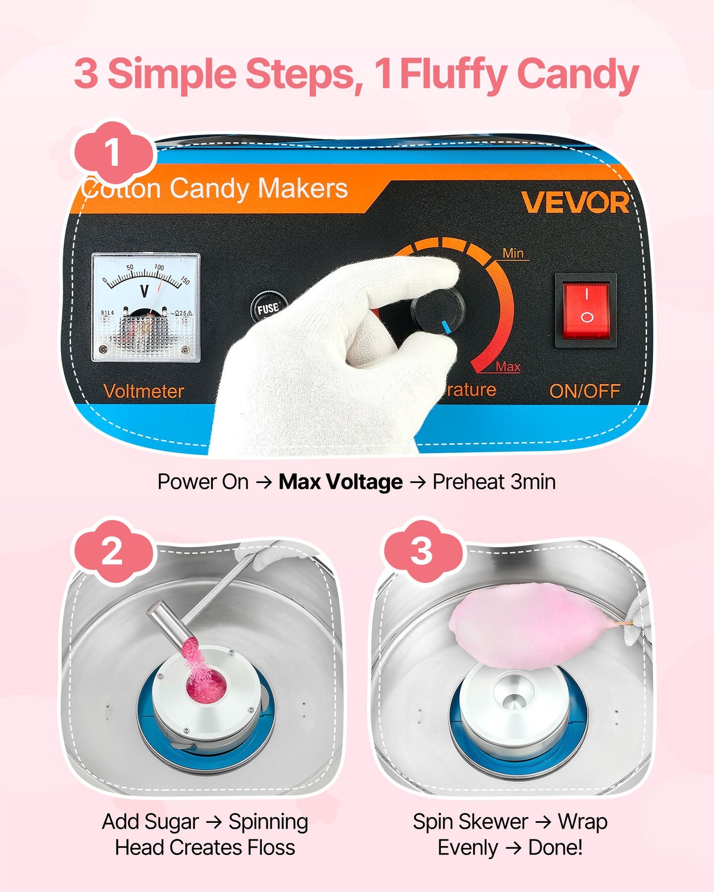 Cotton Candy Machine Commercial, 1000W Electric Candy Floss Maker, Easy Use with 15 inch Stainless Steel Bowl and Sugar Scoop, Makes Hard Candy for Home Kids Birthday, Family Party, Blue