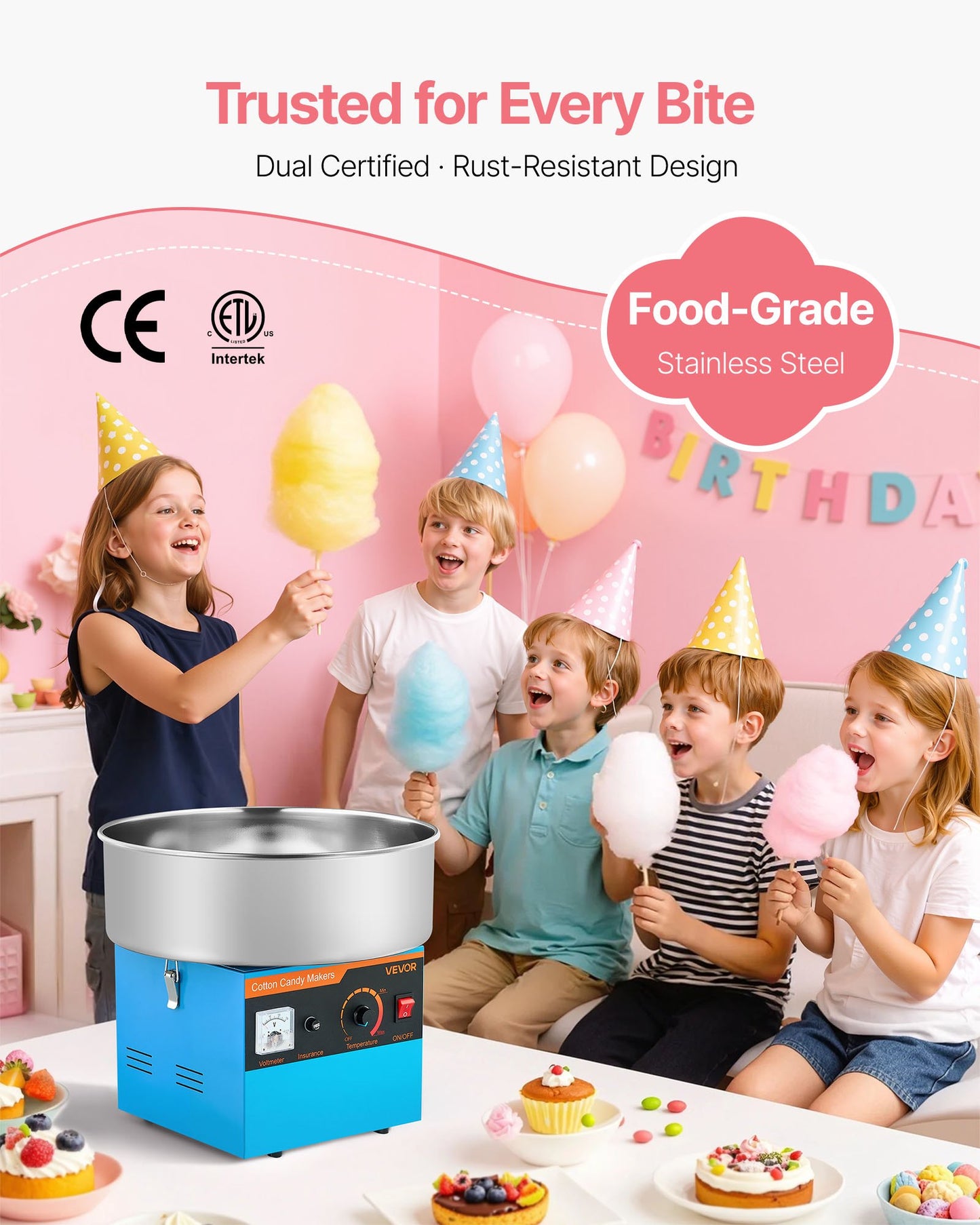 Cotton Candy Machine Commercial, 1000W Electric Candy Floss Maker, Easy Use with 15 inch Stainless Steel Bowl and Sugar Scoop, Makes Hard Candy for Home Kids Birthday, Family Party, Blue