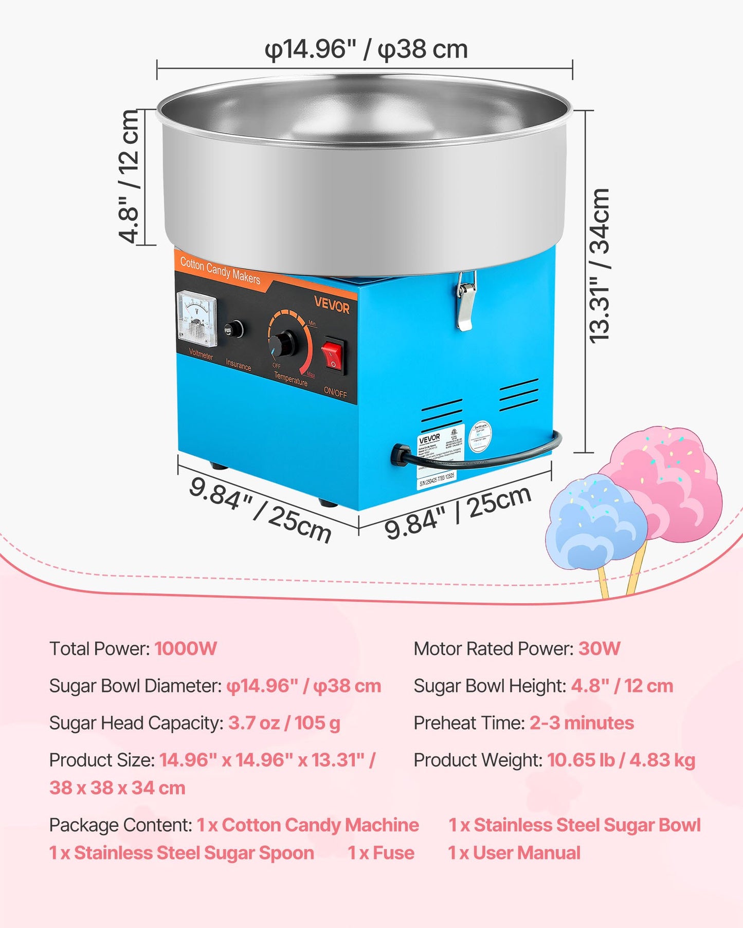 Cotton Candy Machine Commercial, 1000W Electric Candy Floss Maker, Easy Use with 15 inch Stainless Steel Bowl and Sugar Scoop, Makes Hard Candy for Home Kids Birthday, Family Party, Blue