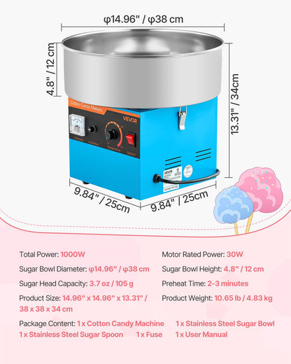Cotton Candy Machine Commercial, 1000W Electric Candy Floss Maker, Easy Use with 15 inch Stainless Steel Bowl and Sugar Scoop, Makes Hard Candy for Home Kids Birthday, Family Party, Blue