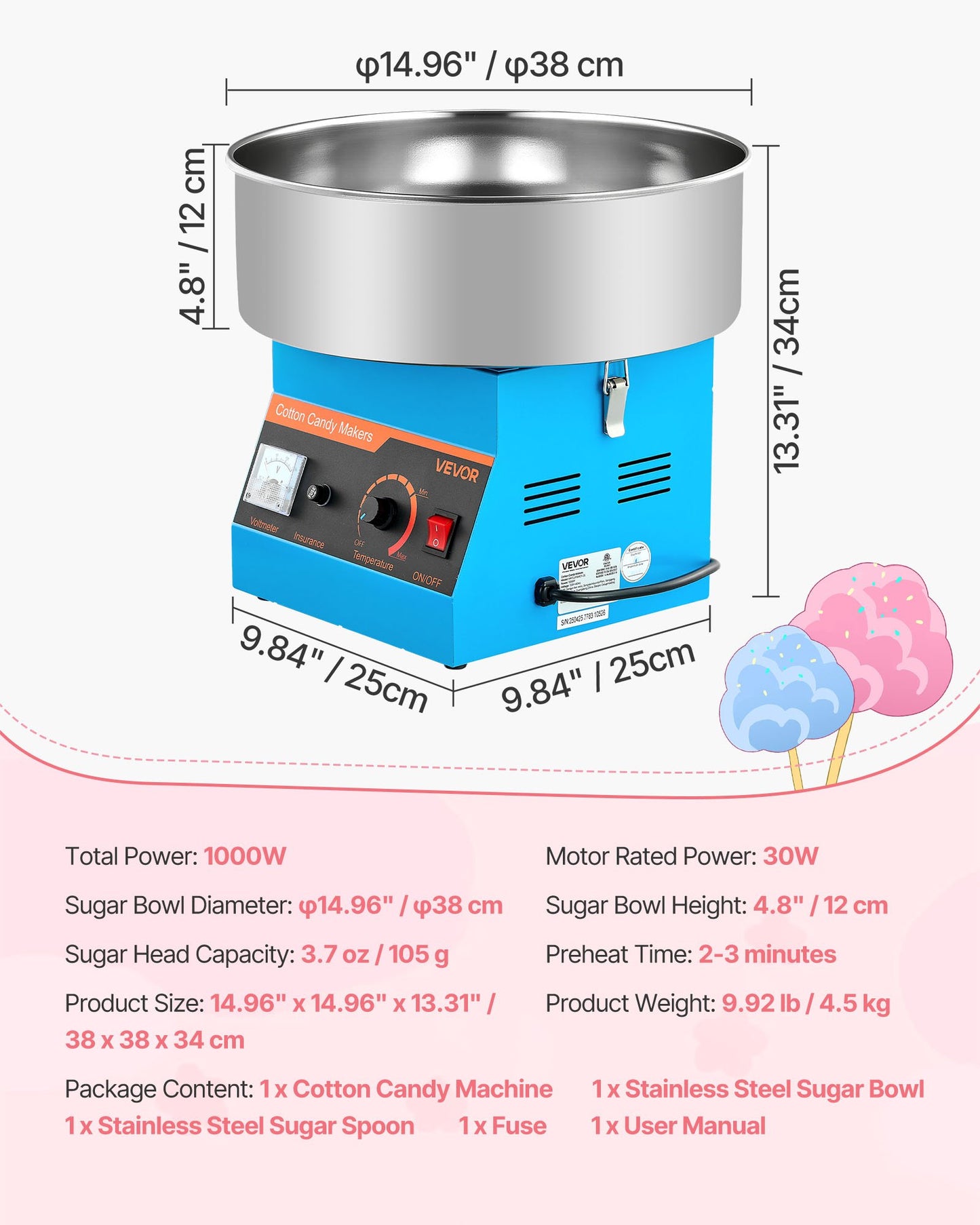 Cotton Candy Machine Commercial, 1000W Electric Candy Floss Maker, Easy Use with 15 inch Stainless Steel Bowl and Sugar Scoop, Makes Hard Candy for Home Kids Birthday, Family Party, Blue