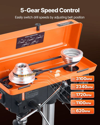 8 in Benchtop Drill Press, 2.5A Induction Motor, Tabletop Drilling Machine with 620 / 1140 / 1740 / 2340 / 3100 RPM Adjustable Speed, 0-45° Tilting Worktable, LED Work Light, for Wood Metal