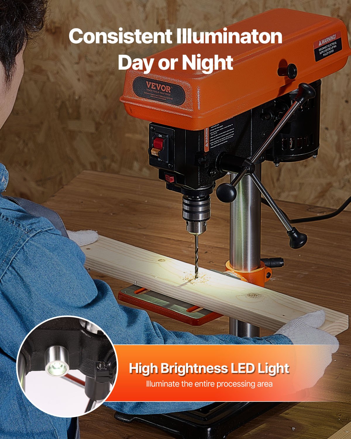 8 in Benchtop Drill Press, 2.5A Induction Motor, Tabletop Drilling Machine with 620 / 1140 / 1740 / 2340 / 3100 RPM Adjustable Speed, 0-45° Tilting Worktable, LED Work Light, for Wood Metal