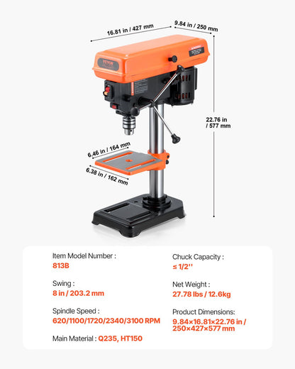 8 in Benchtop Drill Press, 2.5A Induction Motor, Tabletop Drilling Machine with 620 / 1140 / 1740 / 2340 / 3100 RPM Adjustable Speed, 0-45° Tilting Worktable, LED Work Light, for Wood Metal