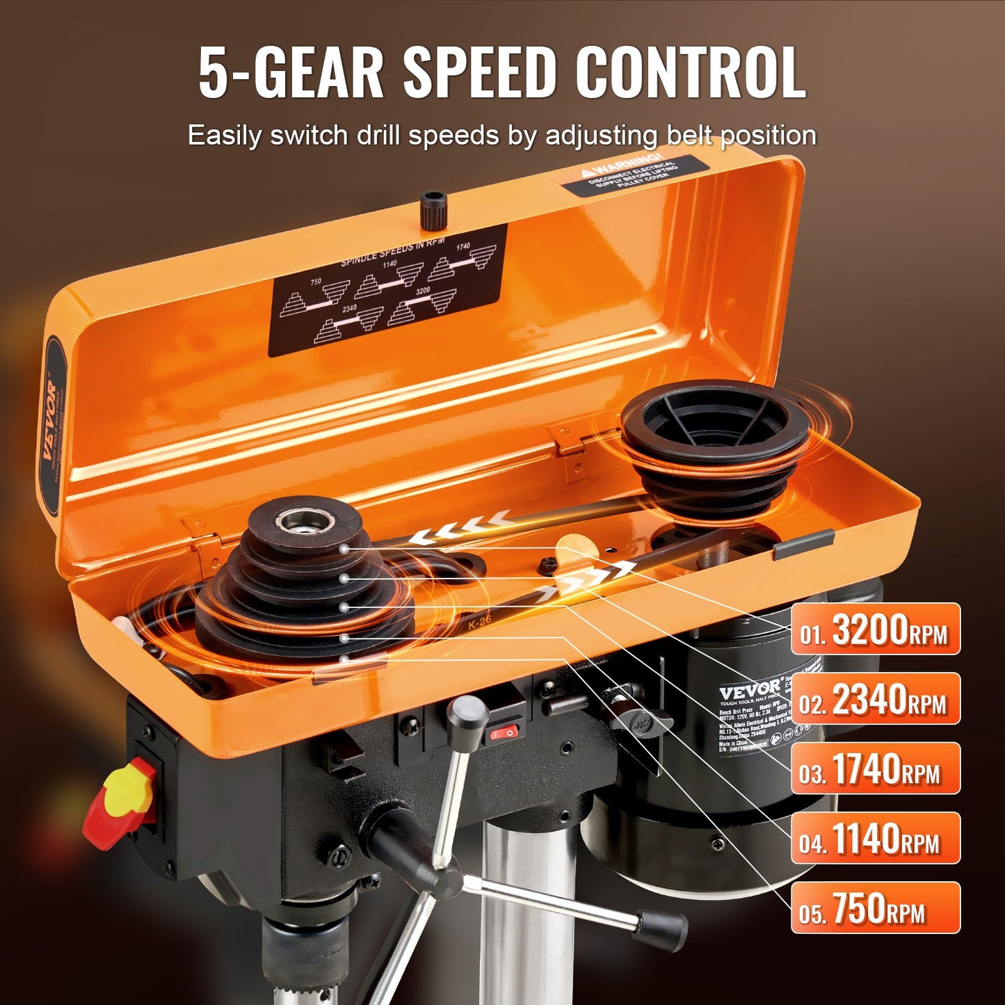 Tischbohrmaschine 203,2 mm 8 Zoll, 2,3-A-Induktionsmotor, 500 W maximale Leistung, Tischbohrmaschine mit 550/950/1450/1950/2500 U/min variabler 5-Gang-Steuerung, 0-45° neigbarer Arbeitstisch