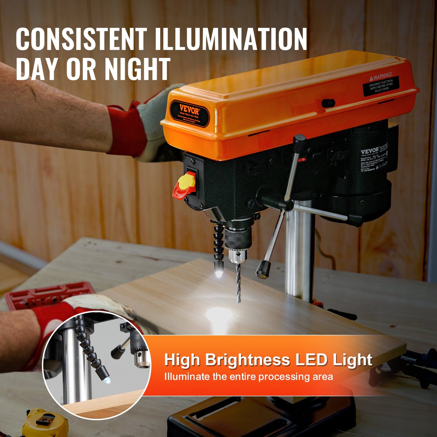 Tischbohrmaschine 203,2 mm 8 Zoll, 2,3-A-Induktionsmotor, 500 W maximale Leistung, Tischbohrmaschine mit 550/950/1450/1950/2500 U/min variabler 5-Gang-Steuerung, 0-45° neigbarer Arbeitstisch