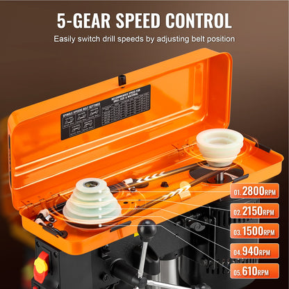 Tischbohrmaschine, 254 mm, 10 Zoll, 6,2-A-Induktionsmotor, 550 W maximale Leistung, Tischbohrmaschine mit 510/780/1300/1820/2430 U/min, variabler 5-Gang-Steuerung, 0–45° neigbarer Arbeitstisch