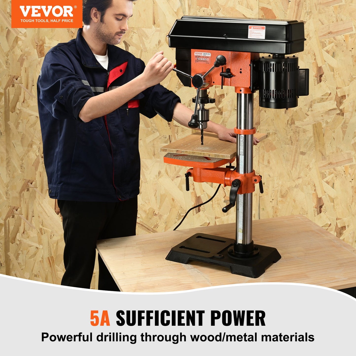 750W bench drill press, 440-2580 rpm. Drill press with continuously variable speed adjustment with 0-45° tilting work table, 12 inch swing, X-ray positioning