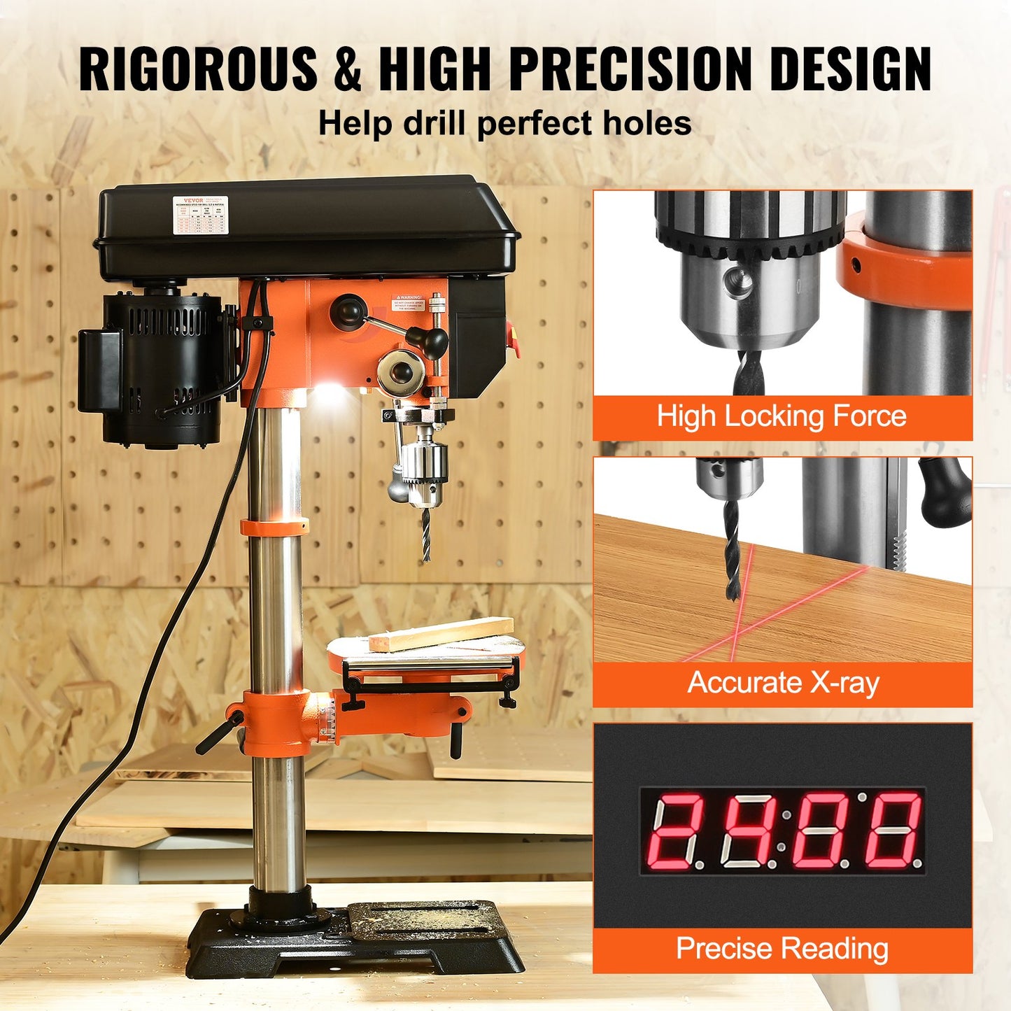 750W bench drill press, 440-2580 rpm. Drill press with continuously variable speed adjustment with 0-45° tilting work table, 12 inch swing, X-ray positioning