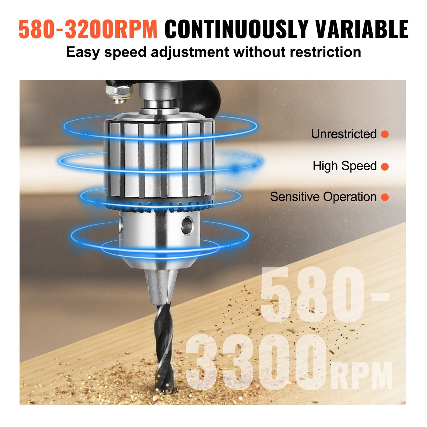750W bench drill press, 440-2580 rpm. Drill press with continuously variable speed adjustment with 0-45° tilting work table, 12 inch swing, X-ray positioning
