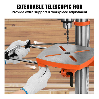 750W bench drill press, 440-2580 rpm. Drill press with continuously variable speed adjustment with 0-45° tilting work table, 12 inch swing, X-ray positioning