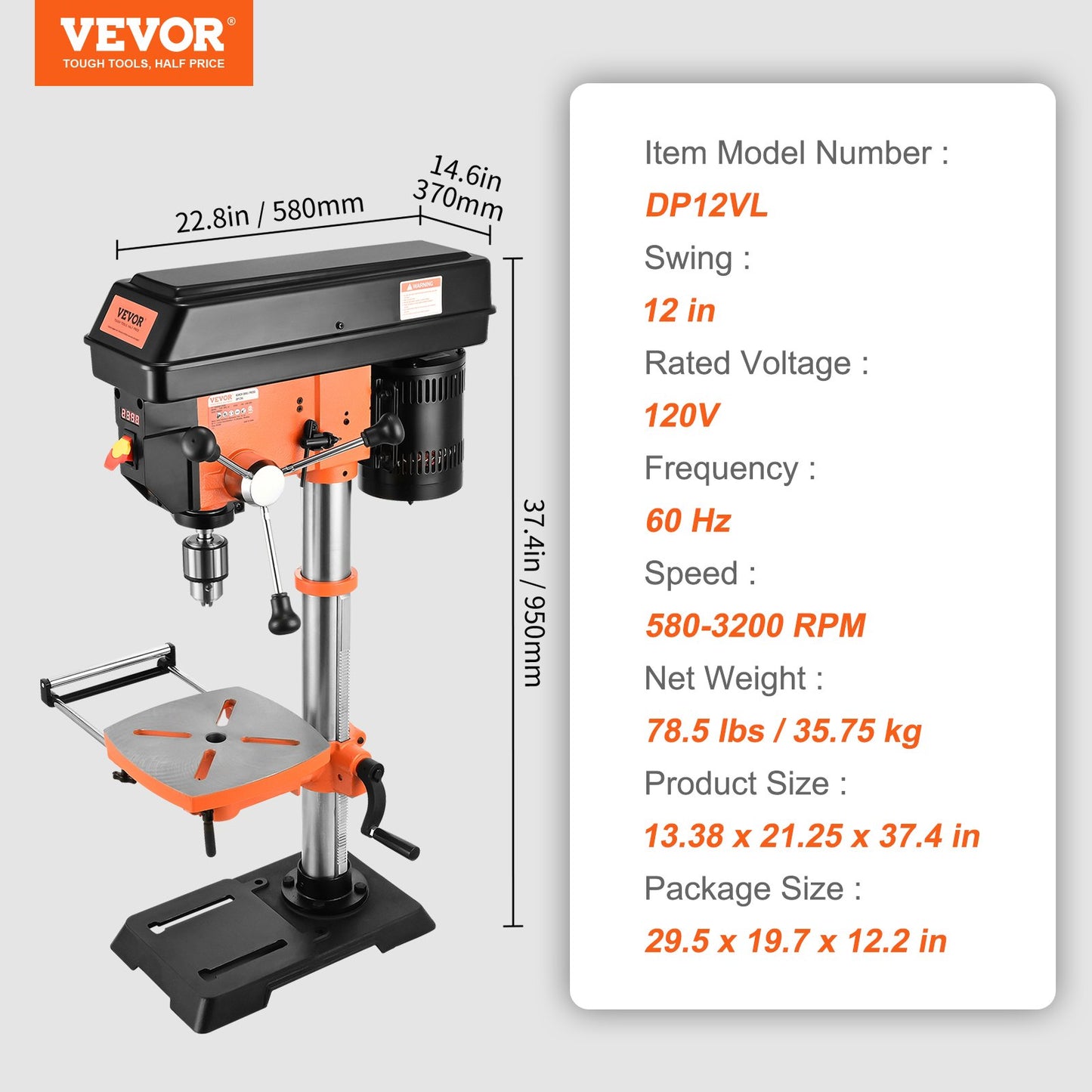 750W bench drill press, 440-2580 rpm. Drill press with continuously variable speed adjustment with 0-45° tilting work table, 12 inch swing, X-ray positioning