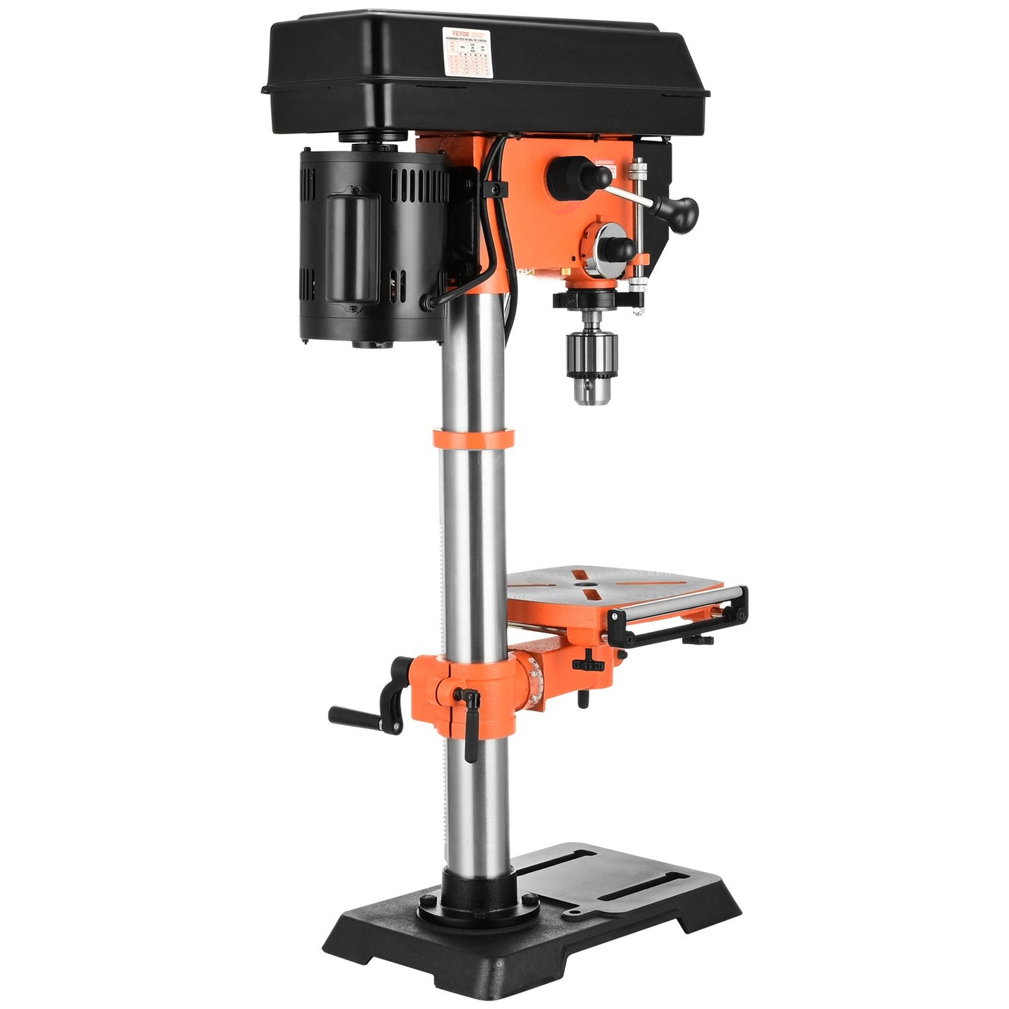 750W bench drill press, 440-2580 rpm. Drill press with continuously variable speed adjustment with 0-45° tilting work table, 12 inch swing, X-ray positioning