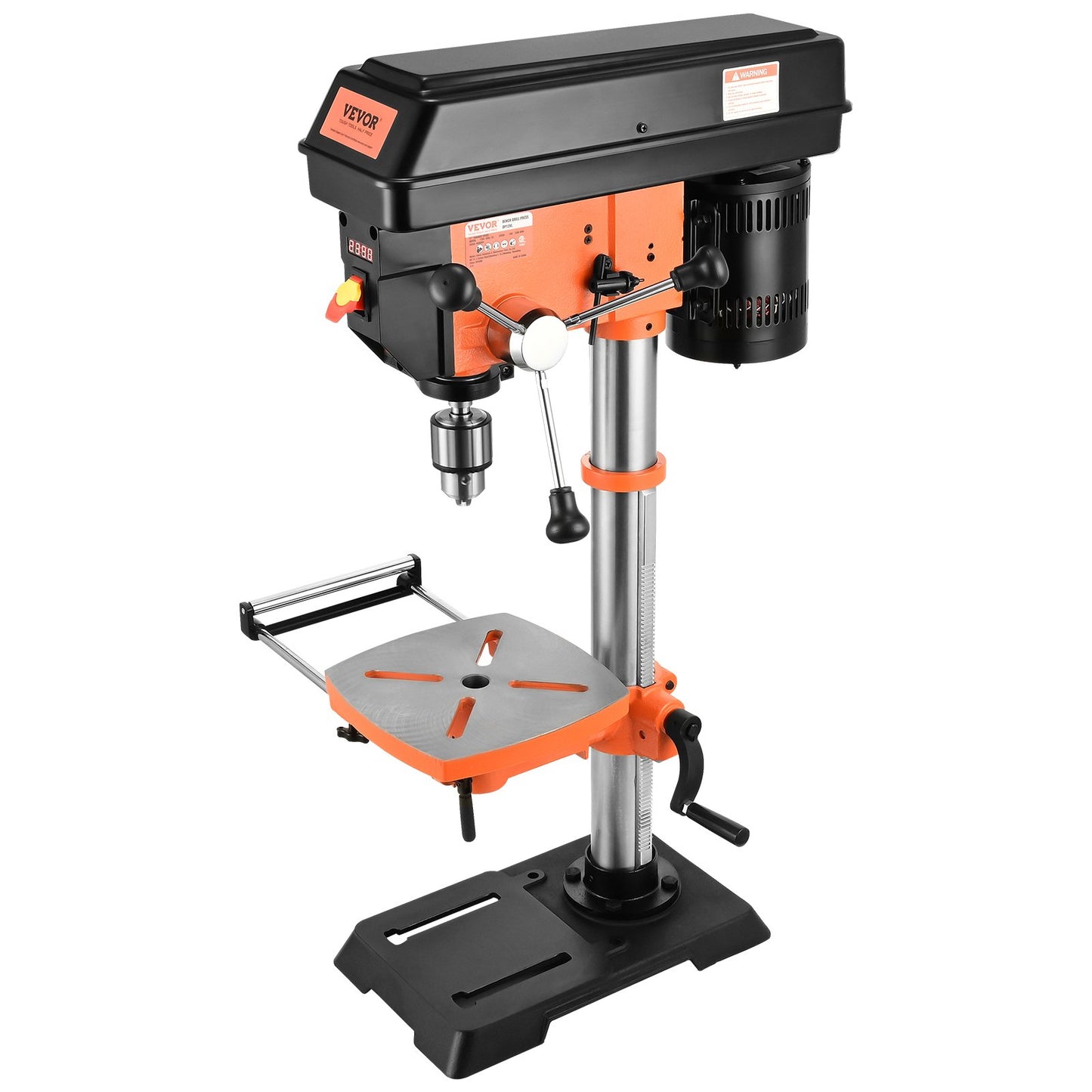 750W bench drill press, 440-2580 rpm. Drill press with continuously variable speed adjustment with 0-45° tilting work table, 12 inch swing, X-ray positioning