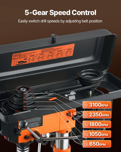 Benchtop Drill Press, 3.2 Amp, 5-Speed Adjustable Drill Press with 650/1050/1800/2350/3100 RPM, 10-inch Swing, Cast Iron Frame, 0-45° Tiltling Worktable, Work Light, for Drilling Wood & Metal