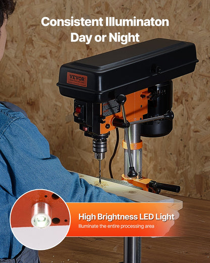 Benchtop Drill Press, 3.2 Amp, 5-Speed Adjustable Drill Press with 650/1050/1800/2350/3100 RPM, 10-inch Swing, Cast Iron Frame, 0-45° Tiltling Worktable, Work Light, for Drilling Wood & Metal