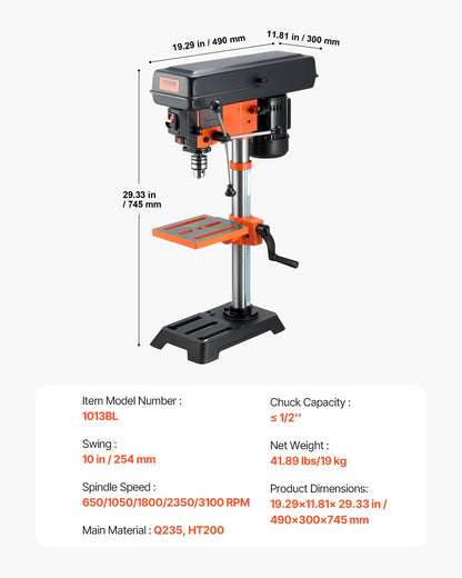Benchtop Drill Press, 3.2 Amp, 5-Speed Adjustable Drill Press with 650/1050/1800/2350/3100 RPM, 10-inch Swing, Cast Iron Frame, 0-45° Tiltling Worktable, Work Light, for Drilling Wood & Metal