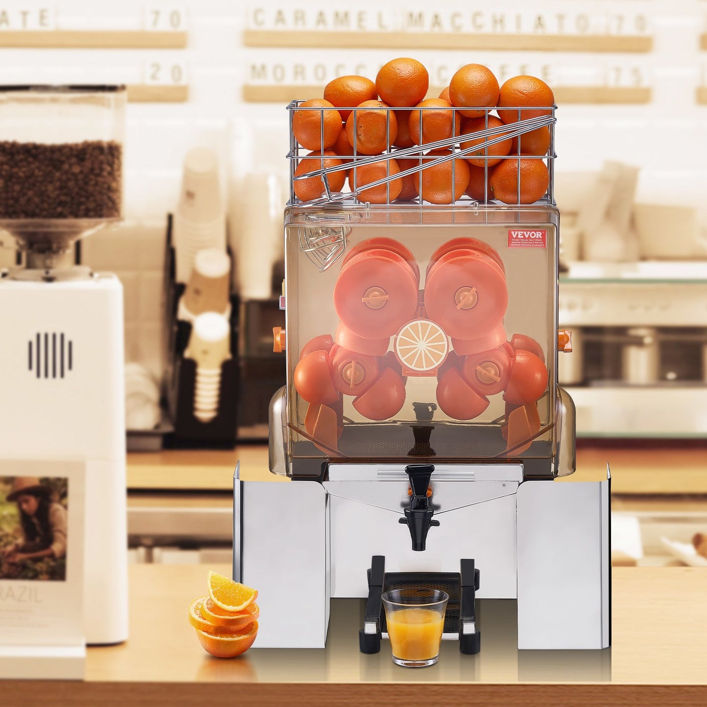 Commercial Orange Juicer Machine, 120W Automatic Juice Extractor with Water Tap, Stainless Steel Orange Squeezer 20 Oranges/Minute, with Pull-Out Filter Box, PC Cover, 2 Peel Collecting Buckets