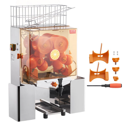 Commercial Orange Juicer Machine, 120W Automatic Juice Extractor with Water Tap, Stainless Steel Orange Squeezer 20 Oranges/Minute, with Pull-Out Filter Box, PC Cover, 2 Peel Collecting Buckets