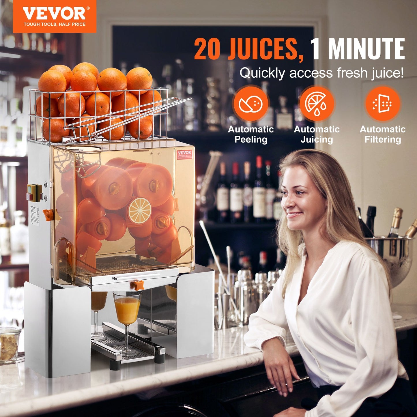 Commercial Orange Juicer Machine, 120W Automatic Juice Extractor, Stainless Steel Orange Squeezer for 20 Oranges Per Minute, with Pull-Out Filter Box, PC Cover, 2 Peel Collecting Buckets