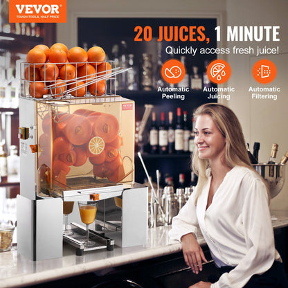 Commercial Orange Juicer Machine, 120W Automatic Juice Extractor, Stainless Steel Orange Squeezer for 20 Oranges Per Minute, with Pull-Out Filter Box, PC Cover, 2 Peel Collecting Buckets