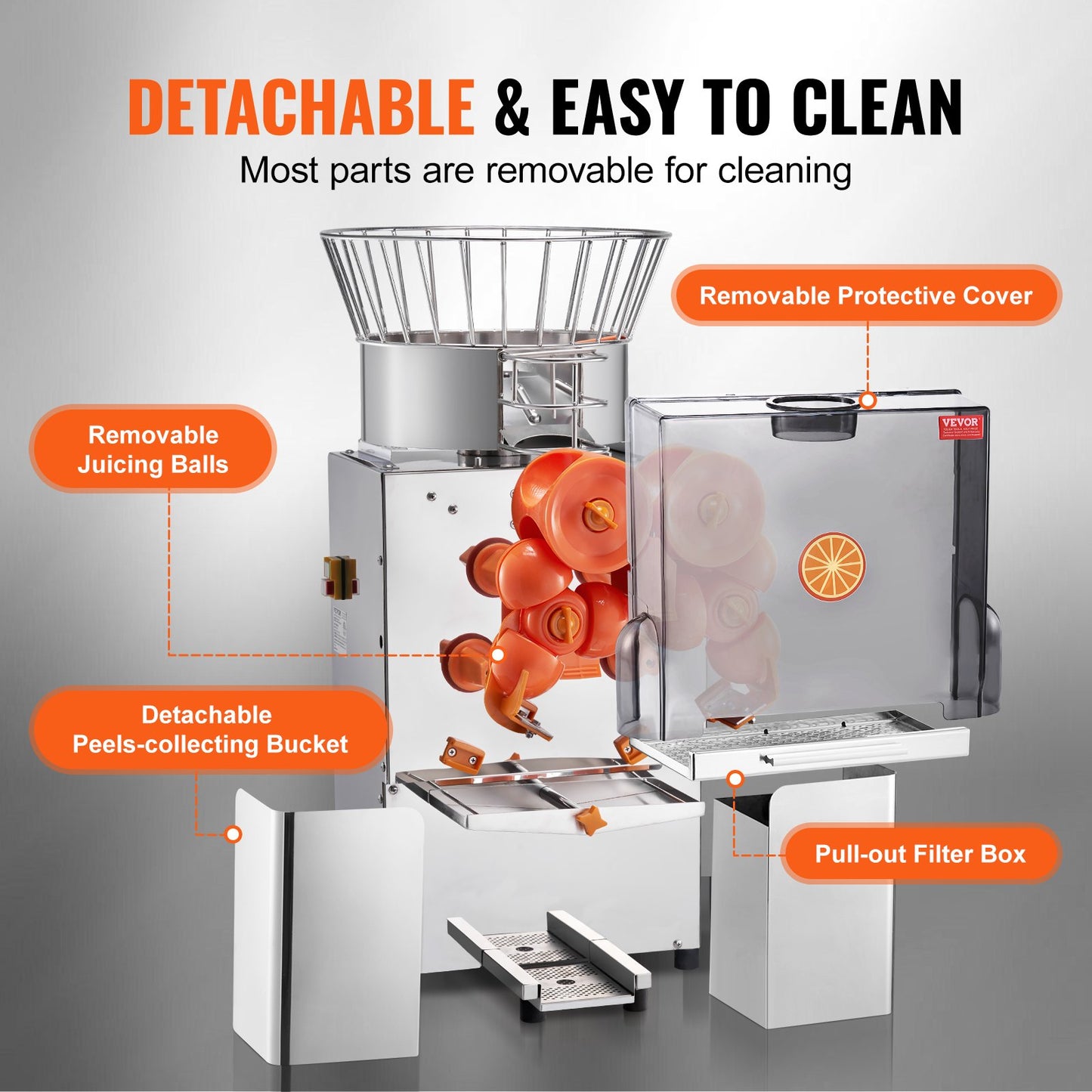 Commercial Orange Juicer Machine, 120W Automatic Feeding Juice Extractor, Stainless Steel Juice Extractor for 25 Oranges Per Minute, with Pull-Out Filter Box, PC Cover, 2 Peel Collecting Buckets