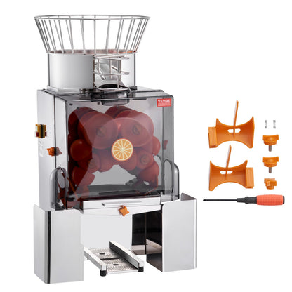 Commercial Orange Juicer Machine, 120W Automatic Feeding Juice Extractor, Stainless Steel Juice Extractor for 25 Oranges Per Minute, with Pull-Out Filter Box, PC Cover, 2 Peel Collecting Buckets