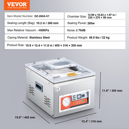 Chamber Vacuum Sealer, DZ-260A 6.5 m³/h Pump Rate, Excellent Sealing Effect with Automatic Control, 110V Kitchen Packaging Machine for Fresh Meats, Fruit Saver, Home, Commercial Using