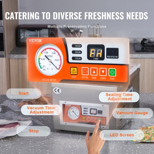 Chamber Vacuum Sealer, 260 W tätningseffekt, vakuumförpackningsmaskin för våtfoder, kött, marinader och mer, kompakt storlek med 10,2" tätningslängd, applicerad i hemköket och kommersiellt bruk |  EU