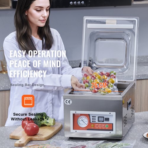 Chamber Vacuum Sealer, 260 W tätningseffekt, vakuumförpackningsmaskin för våtfoder, kött, marinader och mer, kompakt storlek med 10,2" tätningslängd, applicerad i hemköket och kommersiellt bruk |  EU