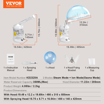 Hair Steamer, 2-in-1 Professional Hair & Facial Steamer with Detachable Bonnet Hood, Nano Ionic & UV Ozone Face Steamer with 360° Rotatable Sprayer for Salon Spa Home Beauty