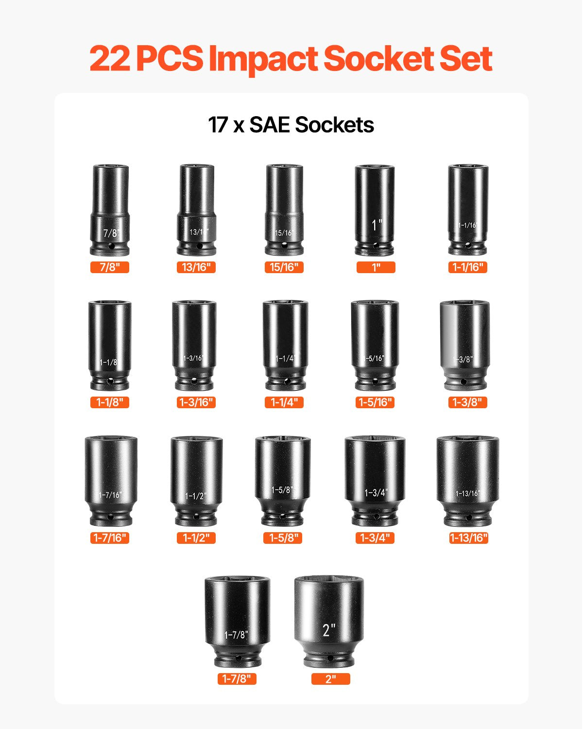 Impact Socket Set 3/4 Inches 22 Piece Deep Impact Sockets, Socket Assortment 3/4 Inches Drive Socket Set Impact Standard SAE Sizes 7/8 Inches to 2 Inches Includes Adapters and Ratchet Handle