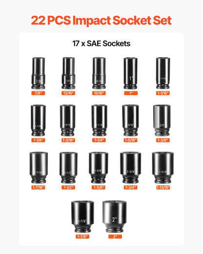 Impact Socket Set 3/4 Inches 22 Piece Deep Impact Sockets, Socket Assortment 3/4 Inches Drive Socket Set Impact Standard SAE Sizes 7/8 Inches to 2 Inches Includes Adapters and Ratchet Handle