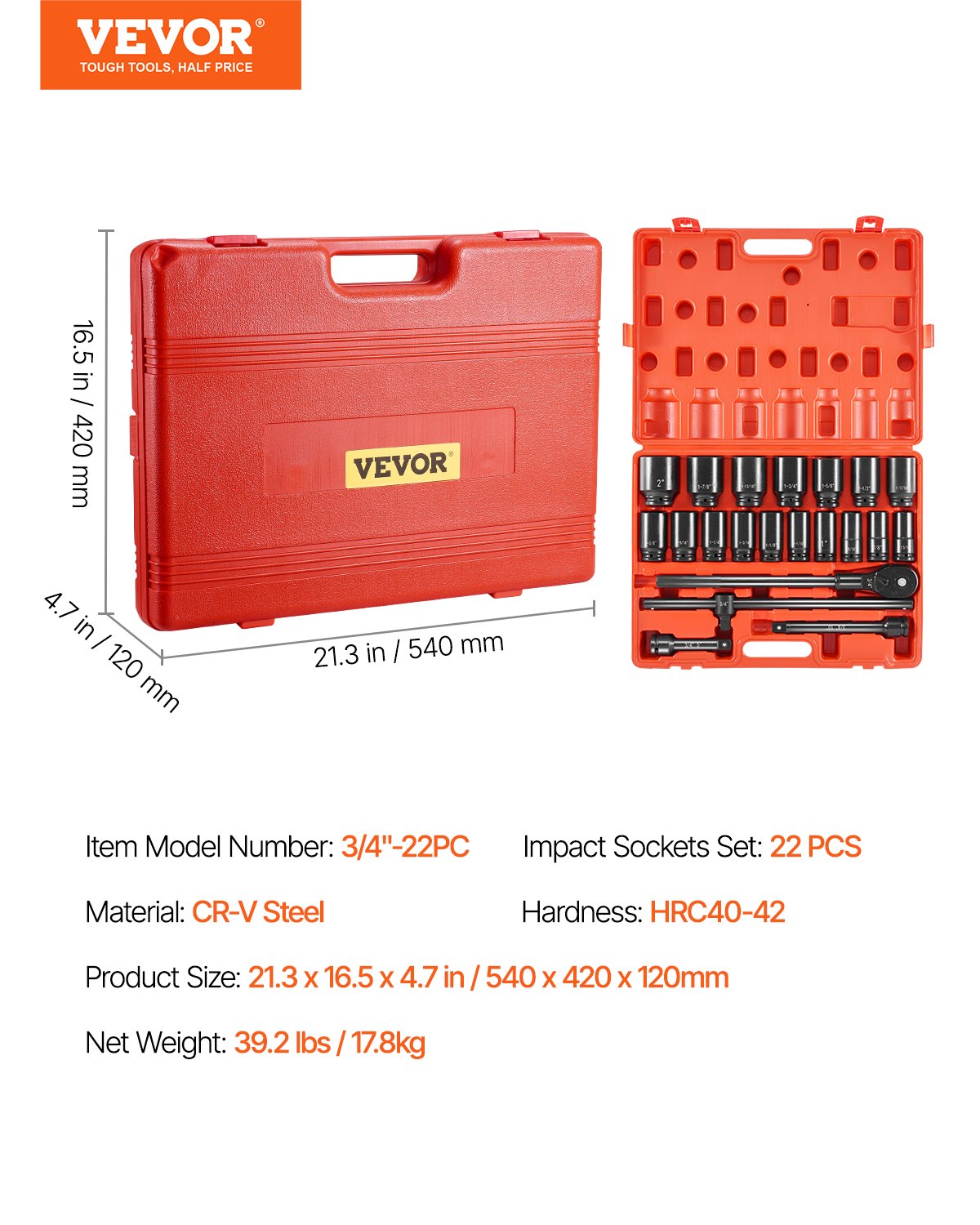 Impact Socket Set 3/4 Inches 22 Piece Deep Impact Sockets, Socket Assortment 3/4 Inches Drive Socket Set Impact Standard SAE Sizes 7/8 Inches to 2 Inches Includes Adapters and Ratchet Handle