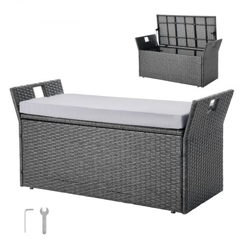 Outdoor Storage Bench, 2-Person PE Rattan Storage Bench, 40 Gal Deck Box with Cushion & Side Handle, Supports up to 400 lbs, Weatherproof Outdoor Seating & Porch Decor for Patio Garden Balcony