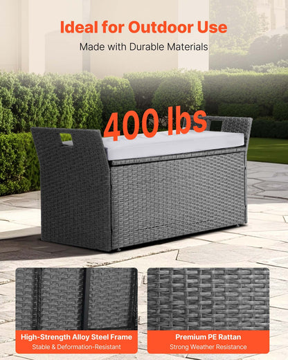 Outdoor Storage Bench, 2-Person PE Rattan Storage Bench, 40 Gal Deck Box with Cushion & Side Handle, Supports up to 400 lbs, Weatherproof Outdoor Seating & Porch Decor for Patio Garden Balcony