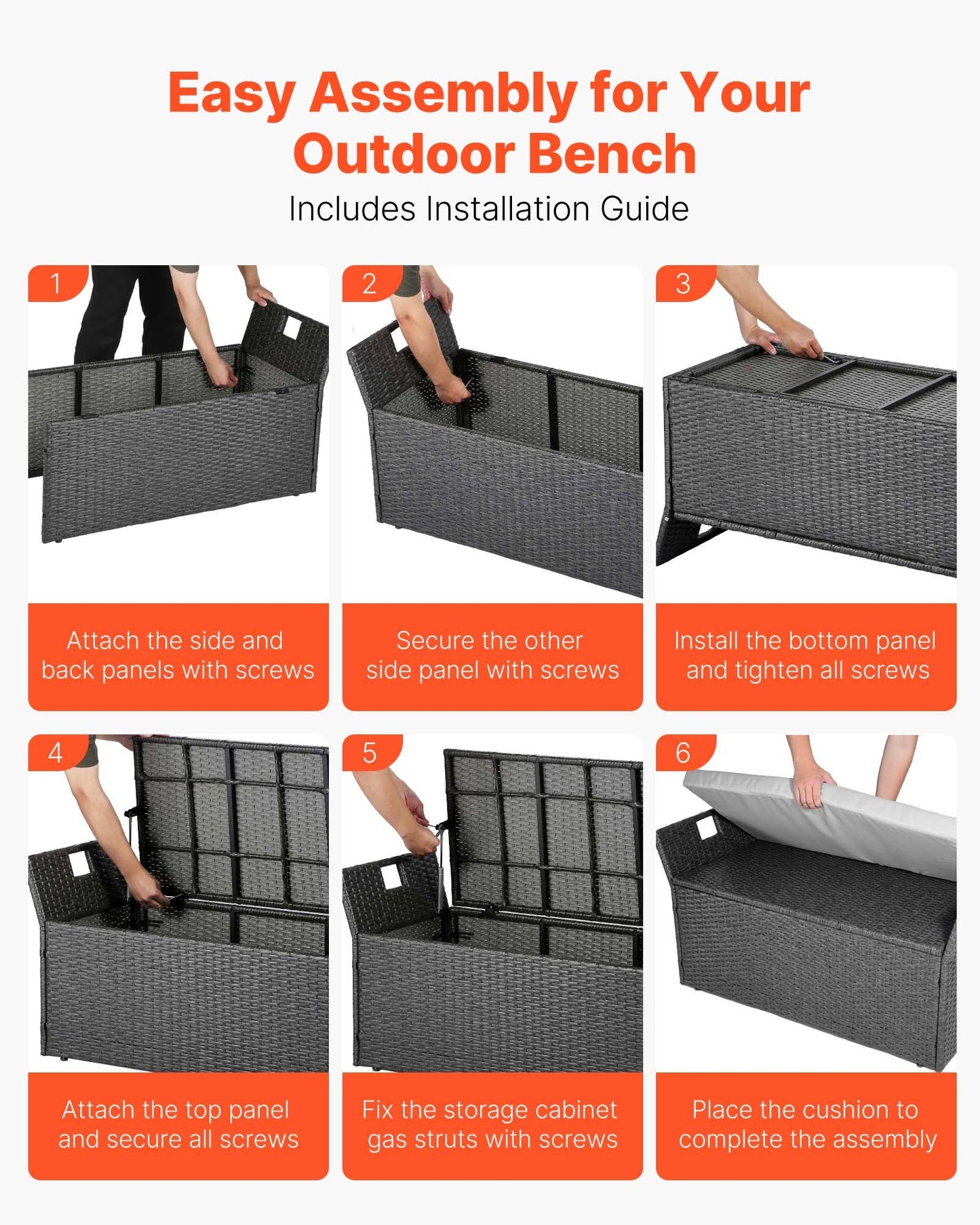Outdoor Storage Bench, 2-Person PE Rattan Storage Bench, 40 Gal Deck Box with Cushion & Side Handle, Supports up to 400 lbs, Weatherproof Outdoor Seating & Porch Decor for Patio Garden Balcony