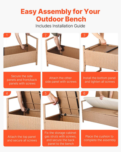 Outdoor Storage Bench, 2-Person PE Rattan Storage Bench, 70 Gal Deck Box with Cushion, Supports up to 265 lbs, Weatherproof Outdoor Seating & Porch Decor for Patio Garden Balcony Yard
