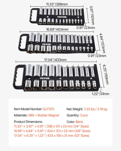 Tragbares Steckschlüssel-Organizer-Set, 3-teilig, 76-Clip-Magnetsteckschlüssel-Ablage, metrisch/SAE
