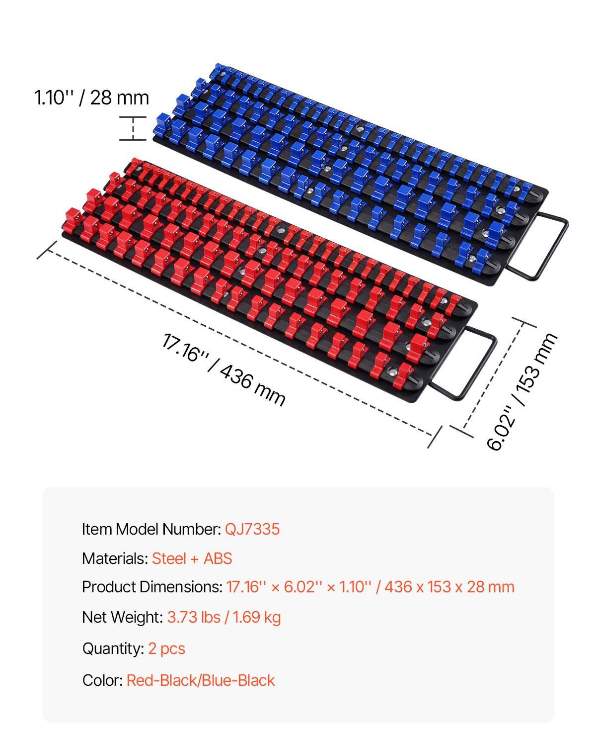 Tragbares Steckschlüssel-Organizer-Set, 2-teilig, 160 Clips, Steckschlüsselablage aus Stahl, metrisch/SAE
