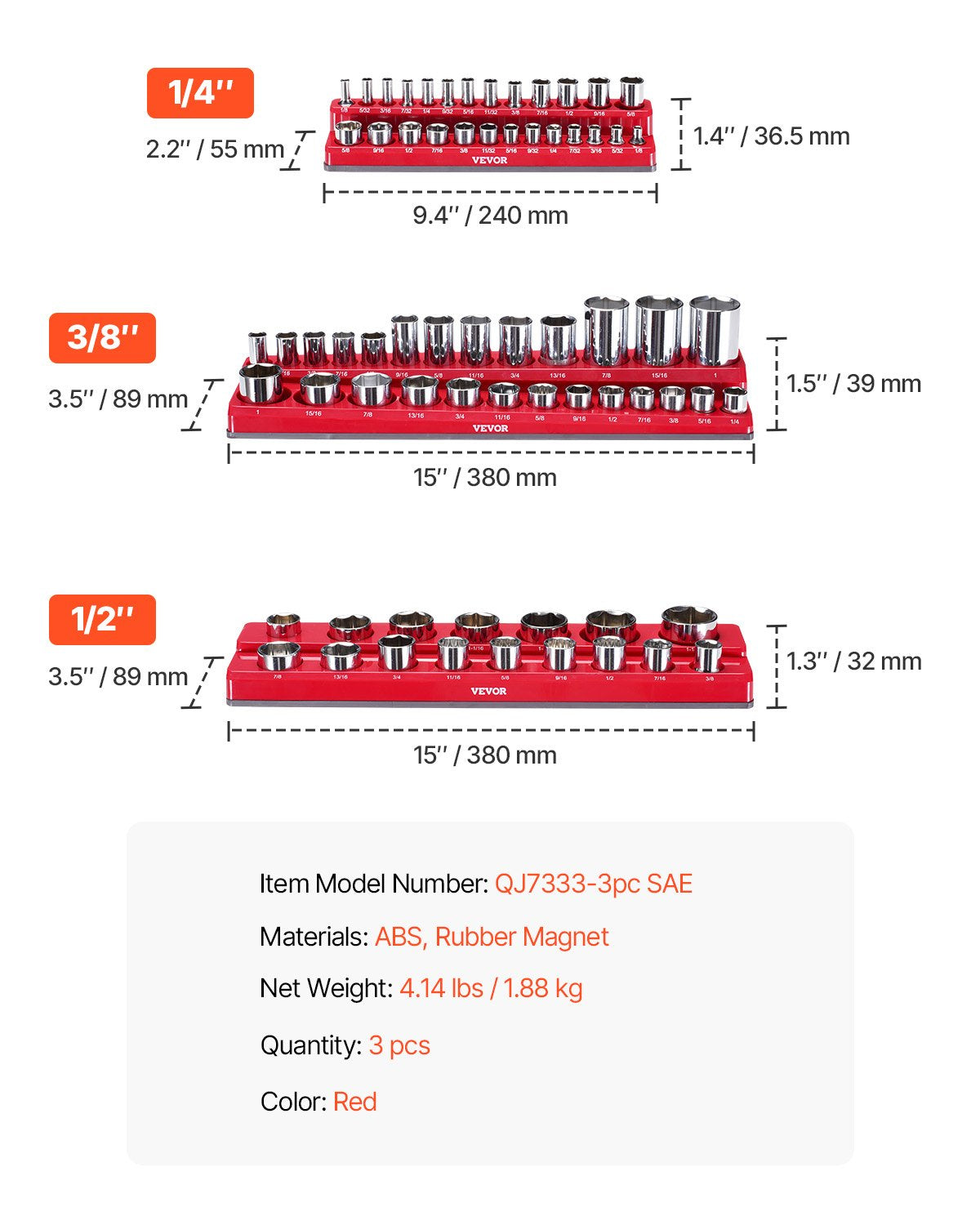 Magnetischer Steckschlüssel-Organizer-Satz, 3-teilig, magnetische Steckschlüssel-Unterlegscheiben, rot, für SAE