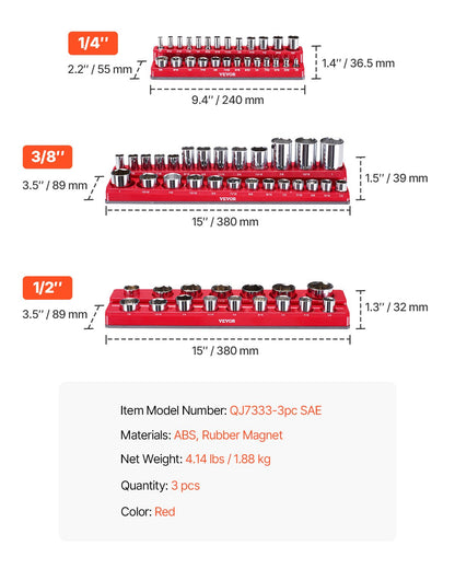 Magnetischer Steckschlüssel-Organizer-Satz, 3-teilig, magnetische Steckschlüssel-Unterlegscheiben, rot, für SAE